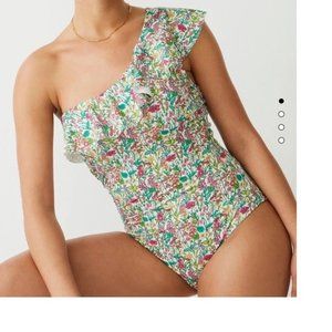 J CREW SZ 16 Liberty Print Ruffle One-Shoulder One Piece Swimsuit